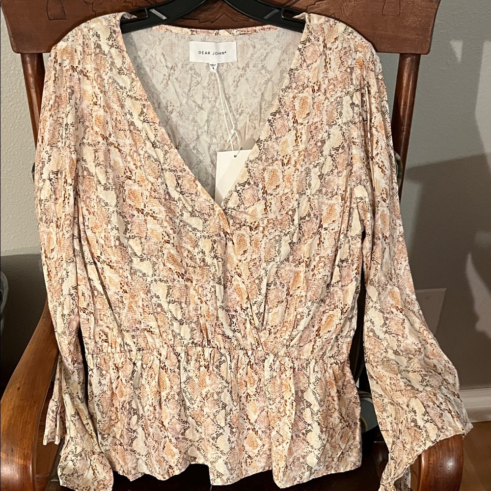Dear John Women's Beige and Brown Patterned Blouse, Size Medium